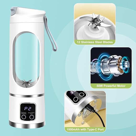 Portable Smoothie Blender, 450ML Cordless Juicer Blender For Shakes and Smoothies,12 Blades, USB-C Rechargeable, BPA Free, Leakproof Flip and sip, Travel Blender