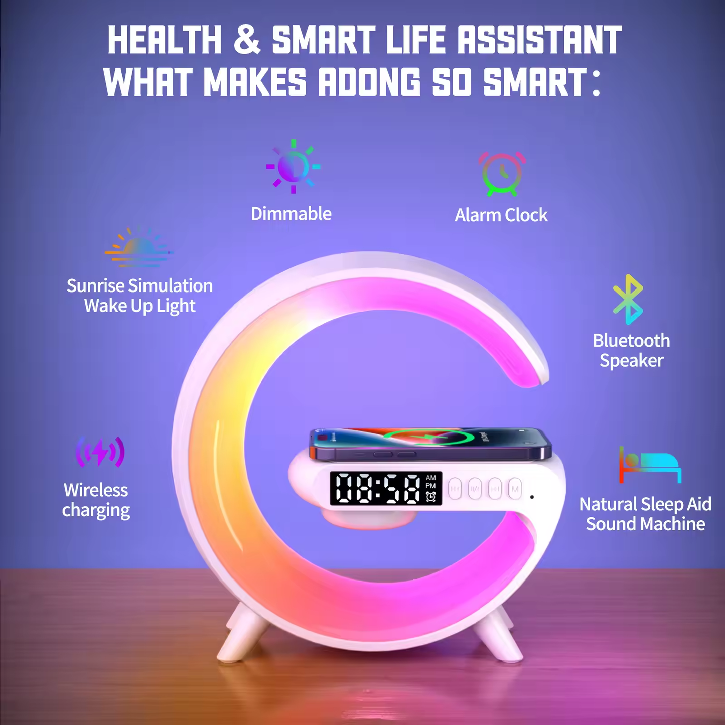 5 in one Smart ambient light Bluetooth Music Speaker with Wireless Charger and clock alarm.