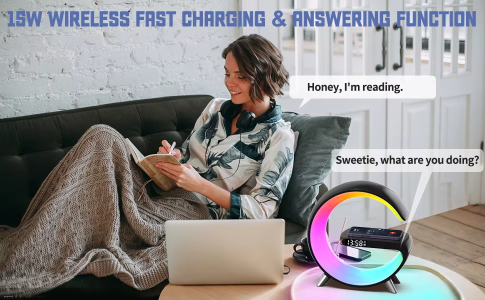 5 in one Smart ambient light Bluetooth Music Speaker with Wireless Charger and clock alarm.