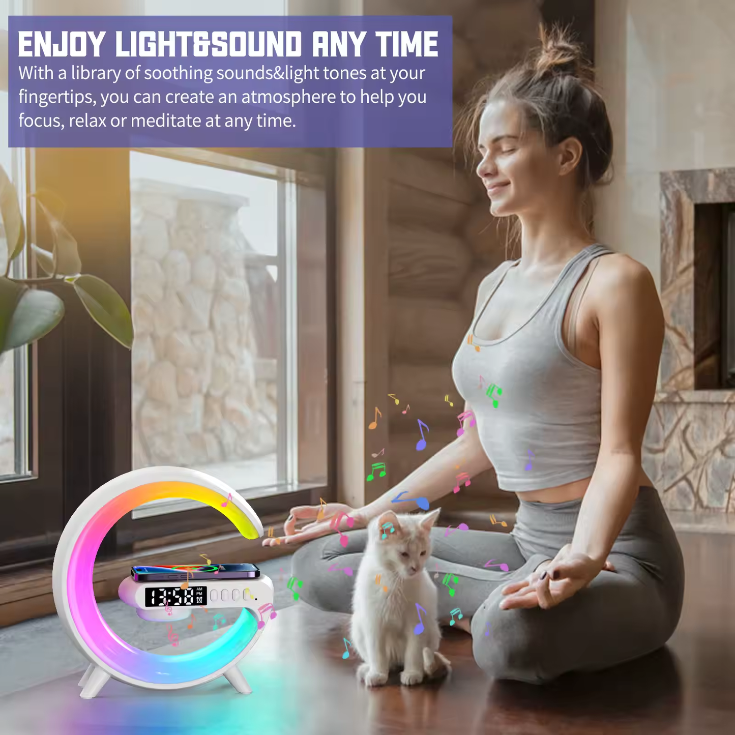 5 in one Smart ambient light Bluetooth Music Speaker with Wireless Charger and clock alarm.