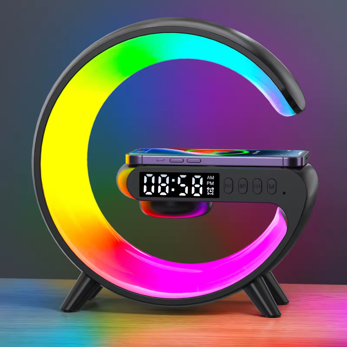 5 in one Smart ambient light Bluetooth Music Speaker with Wireless Charger and clock alarm.