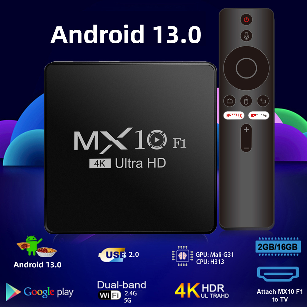 Android Smart TV Box Decoder MX10 F1 4k60 HDMI 5G Setup Box UHD New Android 13.0 16GB