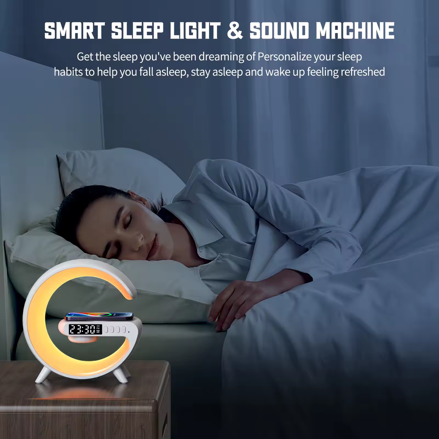 5 in one Smart ambient light Bluetooth Music Speaker with Wireless Charger and clock alarm.